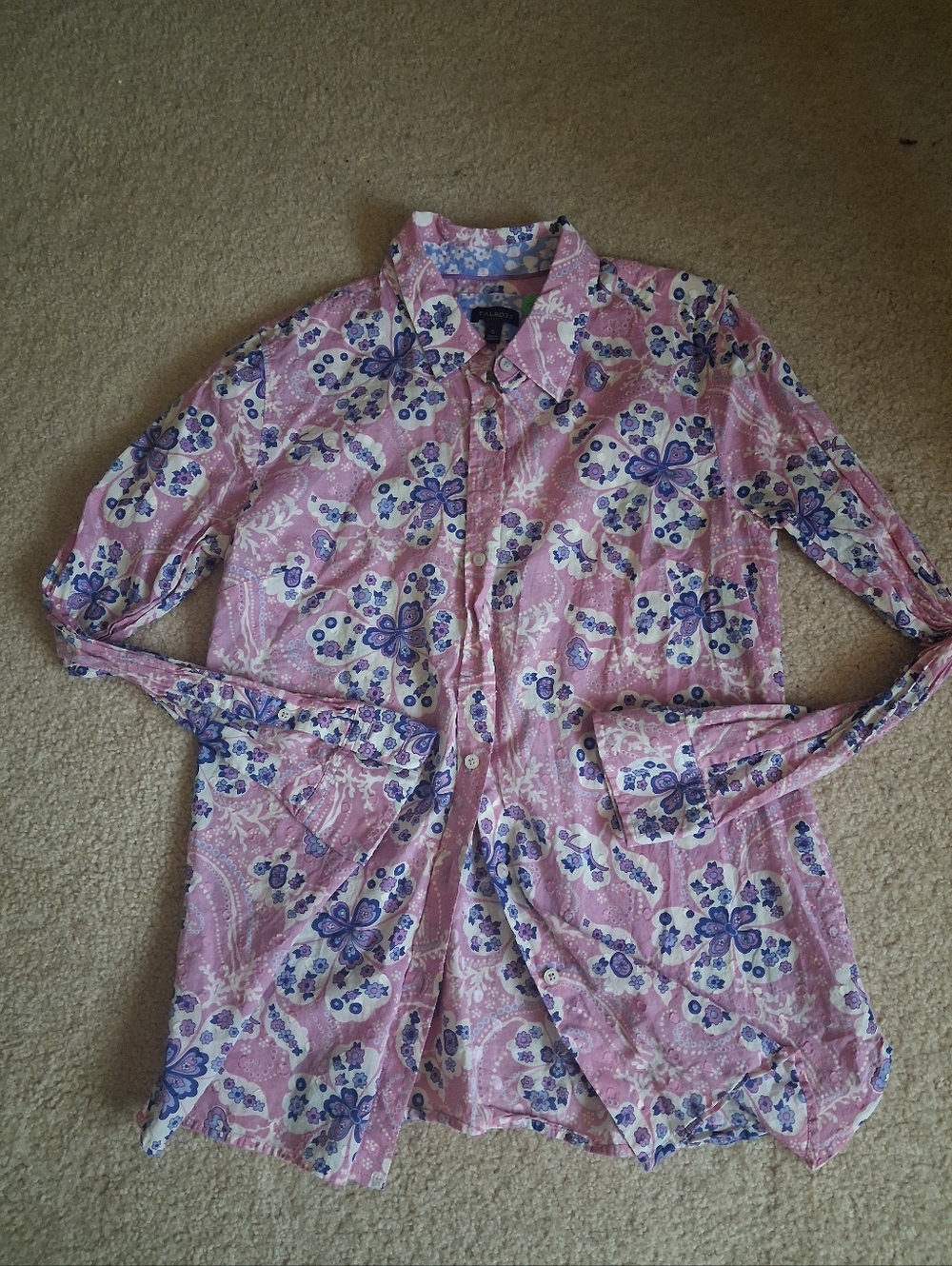 Talbots Pink Button-Down Shirt with Blue Floral Print